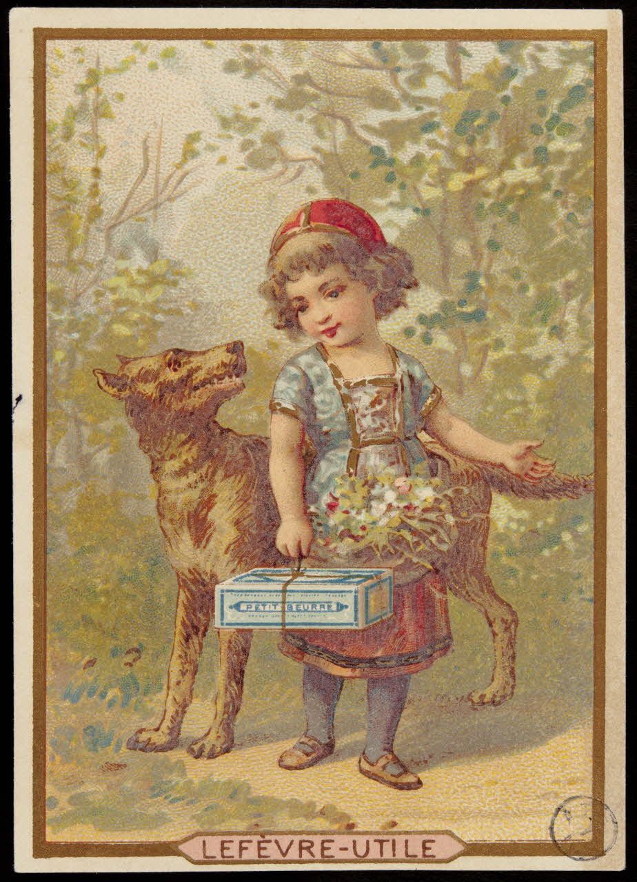carte réclame Fillette avec une boîte de biscuit rencontre un loup 1942.26.158 Photo