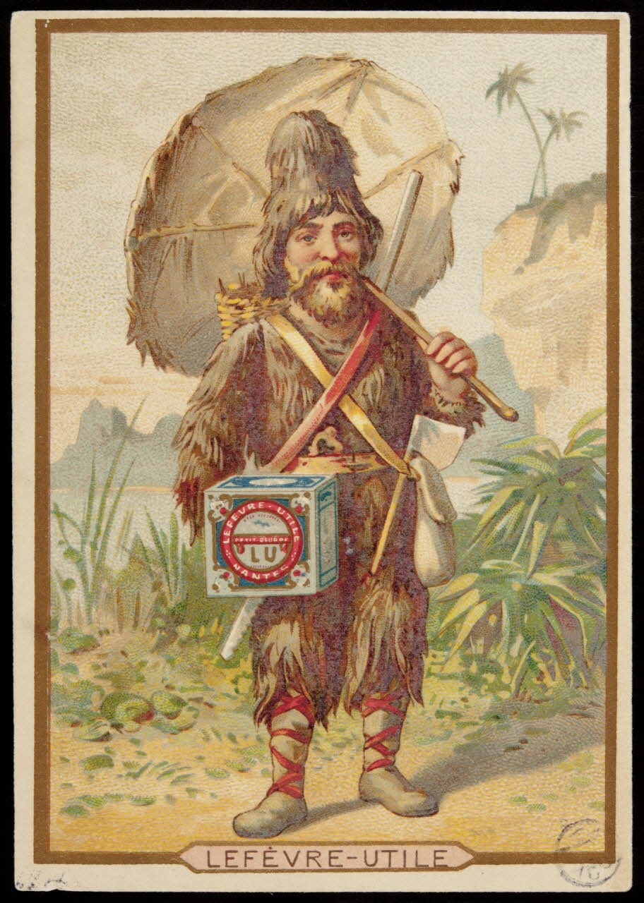 carte réclame Un homme vêtu avec des peaux de bête porte un parapluie en fourrure et une boîte de biscuits 1942.26.159 Photo