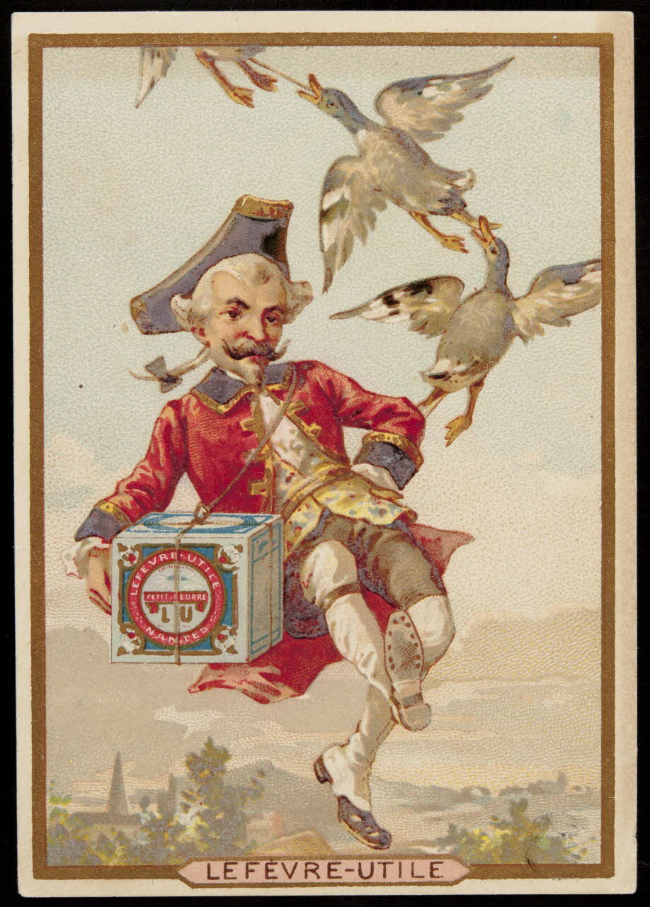 carte réclame Homme avec une boîte de biscuits vole avec trois canards 1942.26.161 Photo