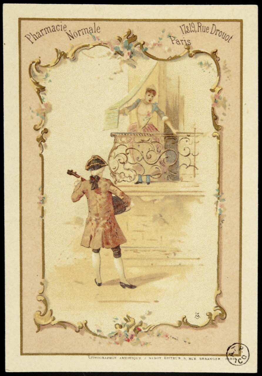 carte réclame Un homme joue de la guitare sous le balcon d'une jeune fille 1942.26.413 Photo