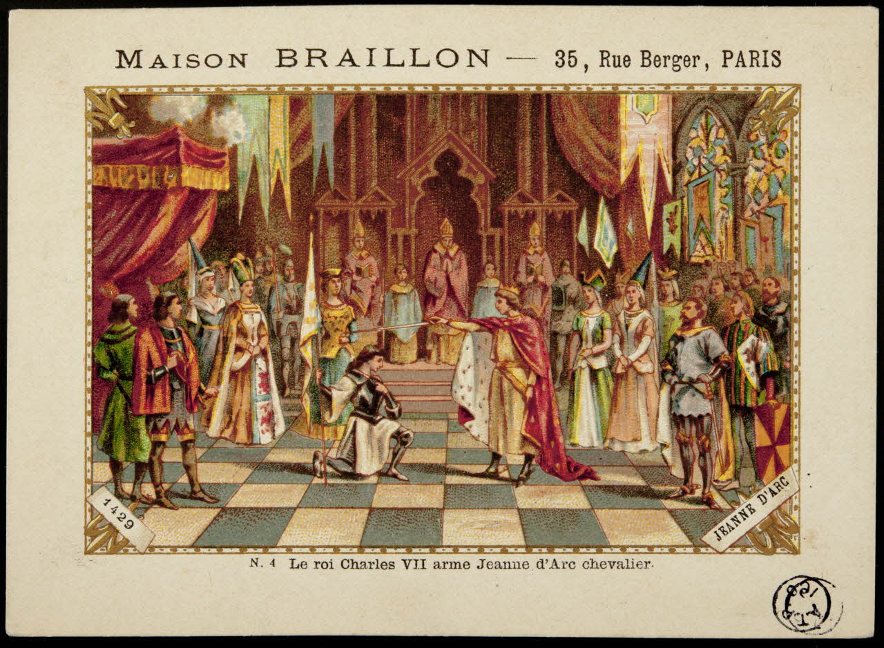 carte réclame 1429 JEANNE D'ARC  Le roi Charles VII arme Jeanne d'Arc chevalier 1942.26.504 Photo