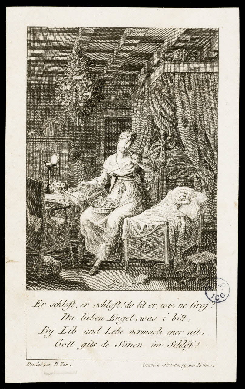 Simon Frédéric ; Benjamin Zix estampe Femme veillant un bébé dans son berceau Alsace, France 1797-1886 1942.3.20 Photo