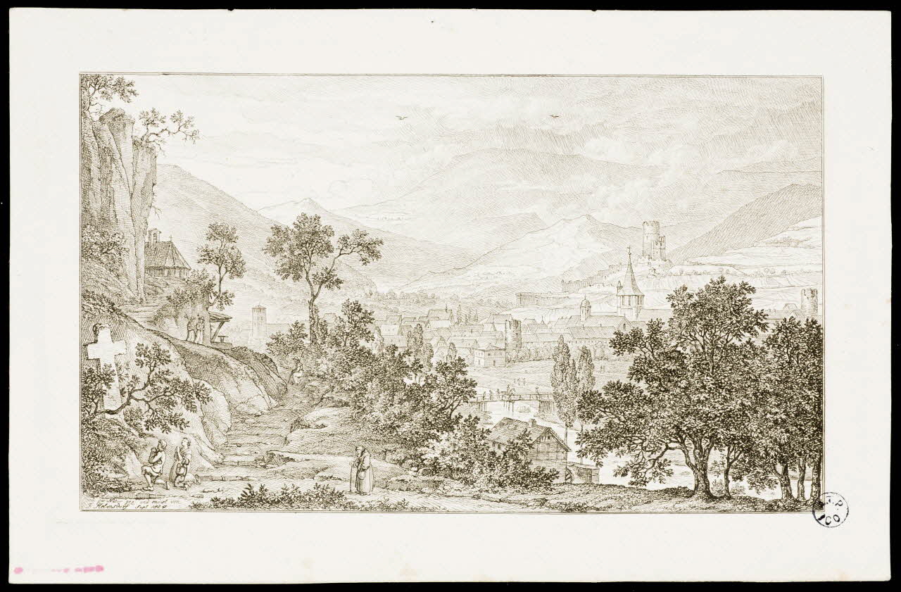 Helmsdorf Johann Friedrich estampe Paysage alsacien à la croix de pélerinage Allemagne 1824 1942.3.38 Photo