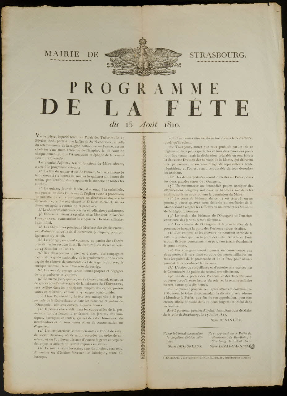 estampe MAIRIE DE STRASBOURG.  PROGRAMME  DE LA FÊTE  du 15 Août 1810. 1942.3.490 Photo