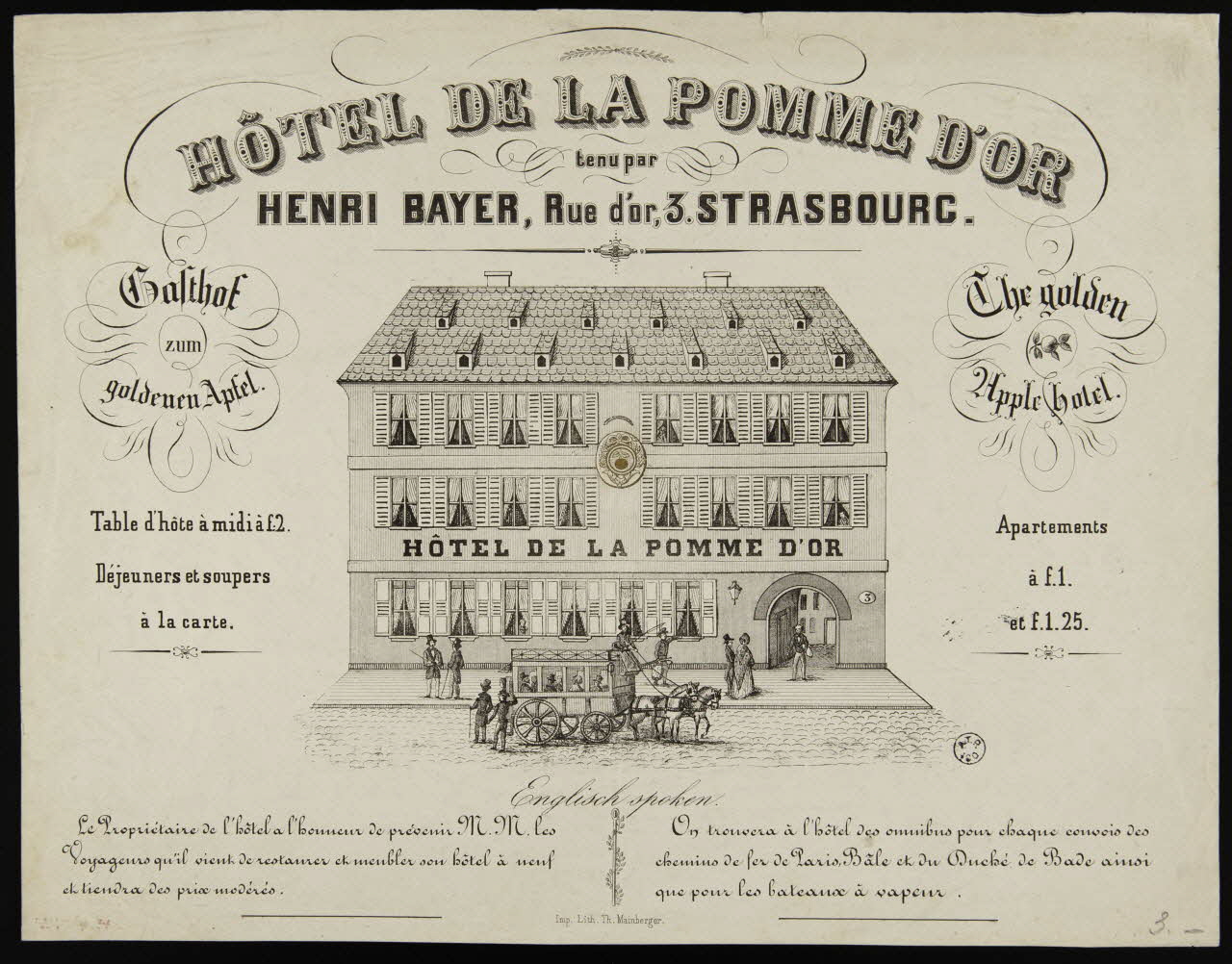 affiche publicitaire HOTEL DE LA POMME D'OR 1942.3.67 Photo