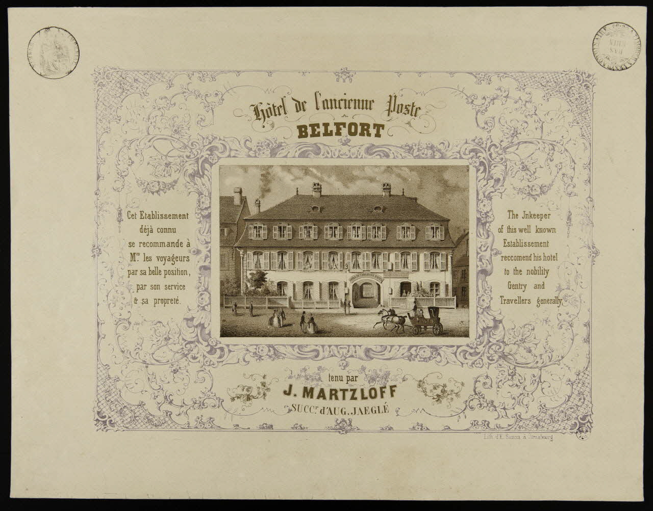 Simon E. affiche publicitaire Hôtel de l'ancienne Poste.  BELFORT Alsace, France 1852-1870 1942.3.68 Photo