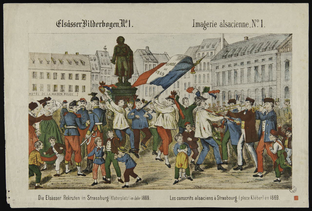 estampe Les conscrits alsaciens à Strabourg (place Kléber) en 1869. 1869 1942.3.95 Photo