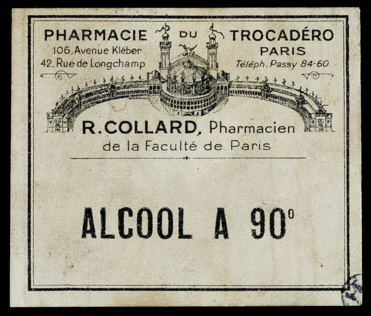 étiquette PHARMACIE DU TROCADERO  ALCOOL A 90° 1942.5.2 Photo