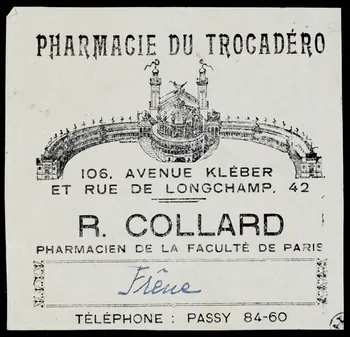 étiquette PHARMACIE DU TROCADERO  Frêne 1942.5.3 Photo