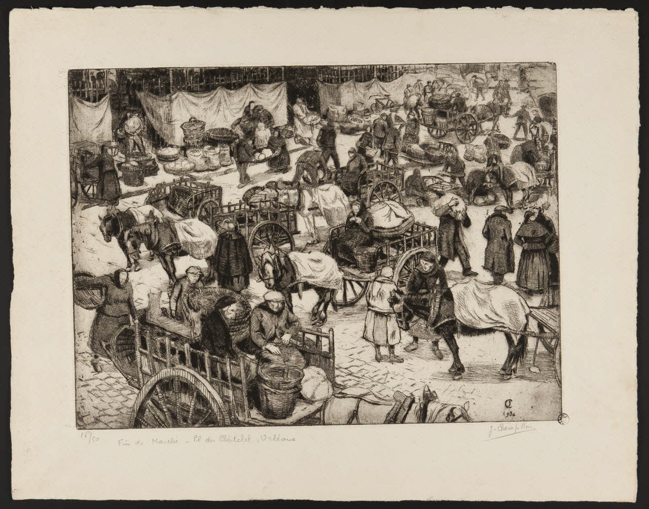 Jeanne Champillou estampe Fin de Marché - Pl. du Châtelet, Orléans 1934 1942.7.3 Photo