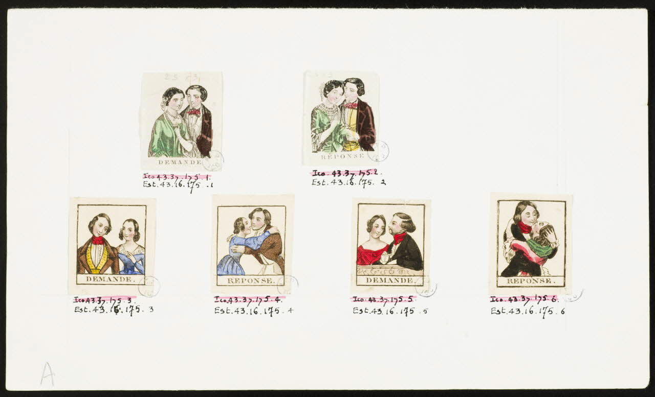 Henri De Linarès ensemble Six vignettes coloriées, demande et réponse 1845-1855 1943.16.175.1/6 Photo