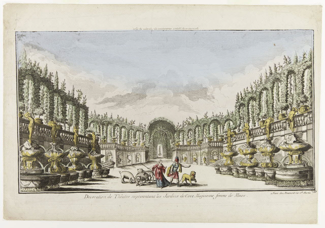 Daumont Jean-François imagerie ancienne Decoration de Théatre, representant les Jardins de Circé (titre inscrit, en caractères inversés)  Decoration de Théatre representant les Jardins de Circe Magicienne femme de Minos. Paris 1750-1760 1943.16.217 Photo