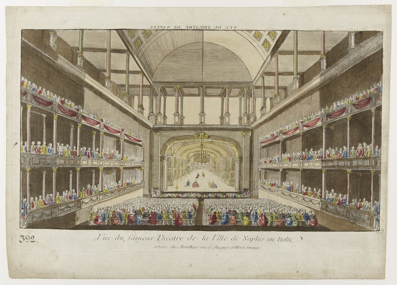 Mondhare Louis-Joseph imagerie ancienne VUE DU THEATRE DE NAPLES (titre inscrit, en caractères inversés)  Vue du fameux Théatre de la Ville de Naples en Italie Paris 1759-1780 1943.16.218 Photo