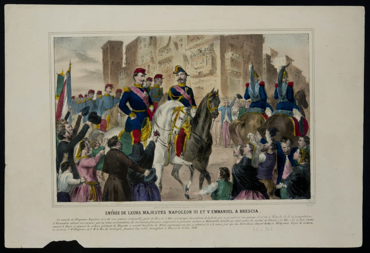 Bès A. ; Dubreuil Fils aîné ; Bès et D élément d'ensemble ENTREE DE LEURS MAJESTES NAPOLEON III ET V.EMMANUEL A BRESCIA. France 1854-1864 1943.16.285 Photo