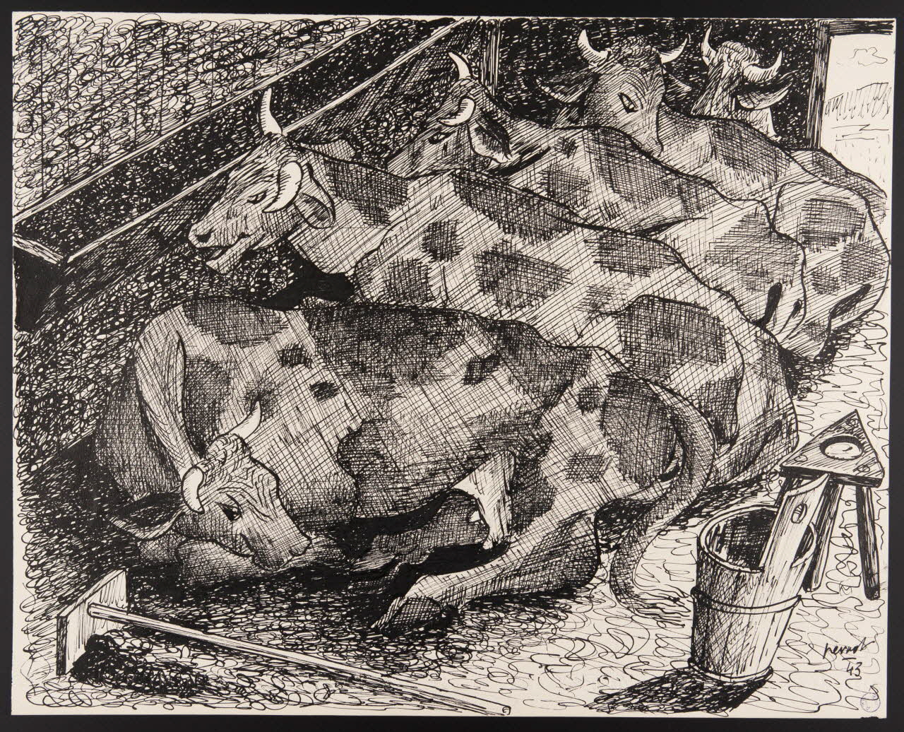 René Perrot dessin Industrie laitière, vaches à l'étable Franche-Comté, France 1943 1943.6.12 Photo Mucem