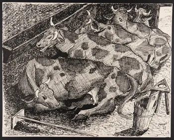 René Perrot dessin Industrie laitière, vaches à l'étable Franche-Comté, France 1943 1943.6.12 Photo Mucem