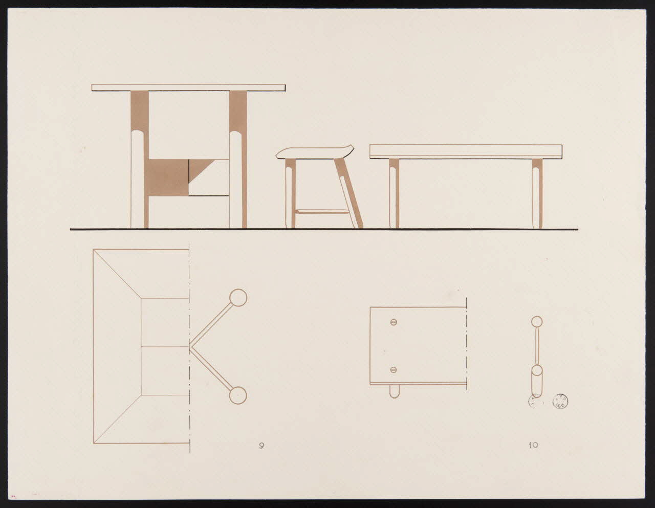 Maurice Coz ; René Coz ; Jacques Barré ; Lucien Lepelletier dessin Banc et chaise N° 8 1942 1943.7.13 Photo
