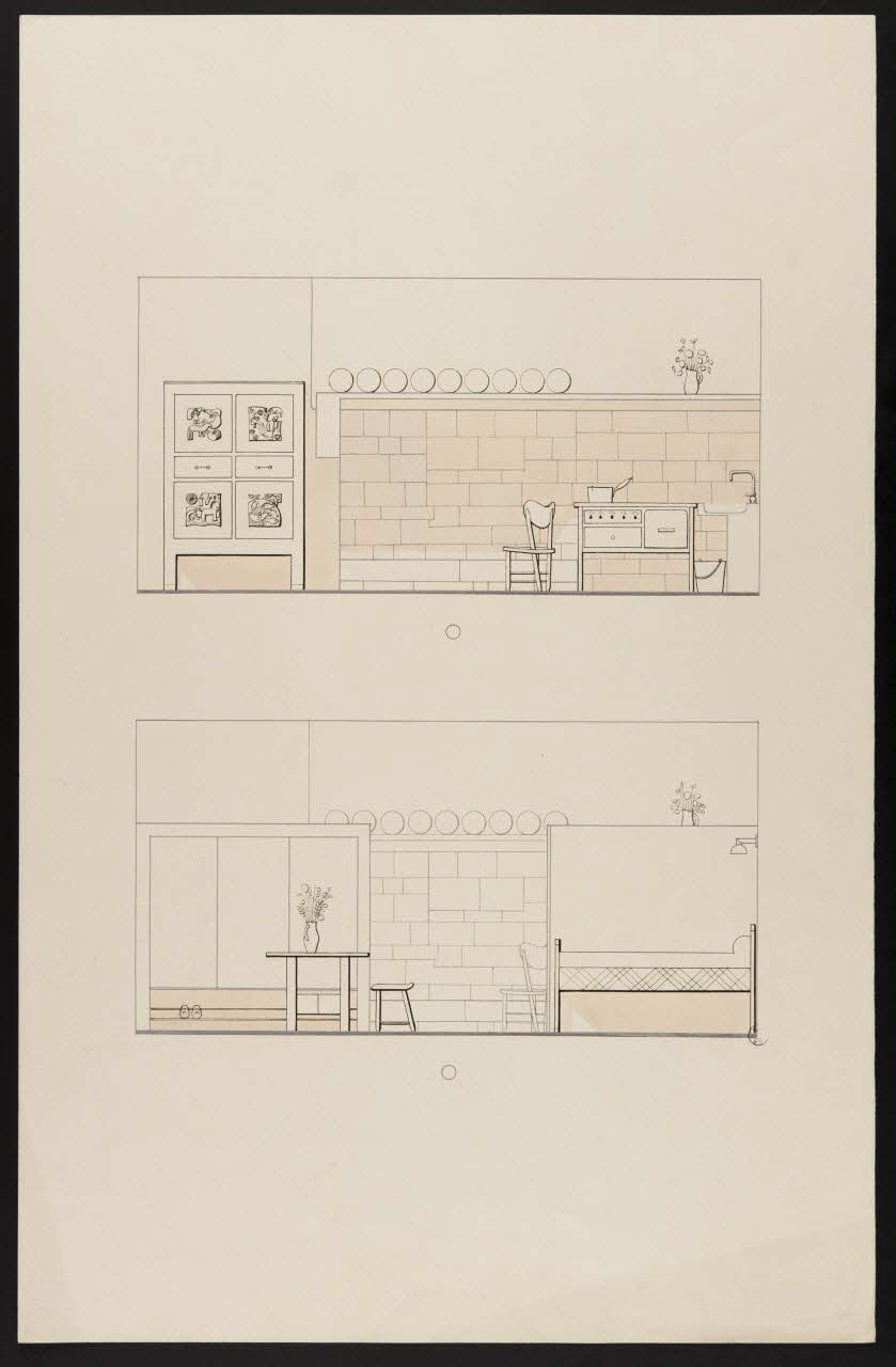 Maurice Coz ; René Coz ; Jacques Barré ; Lucien Lepelletier dessin Elévation du côté ouest de l'intérieur de la ferme 1942 1943.7.2 Photo