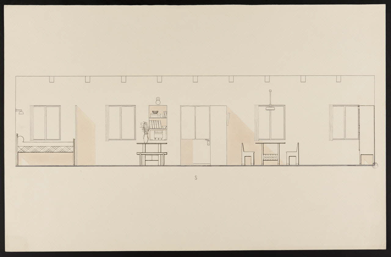 Maurice Coz ; René Coz ; Jacques Barré ; Lucien Lepelletier dessin Elévation du côté sud de l'intérieur de la ferme 1942 1943.7.4 Photo