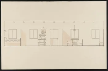 Maurice Coz ; René Coz ; Jacques Barré ; Lucien Lepelletier dessin Elévation du côté sud de l'intérieur de la ferme 1942 1943.7.4  Photo