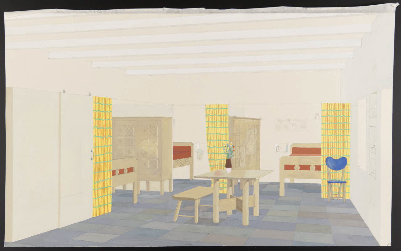 Maurice Coz ; René Coz ; Jacques Barré ; Lucien Lepelletier dessin Intérieur de la ferme côté chambre à coucher 1942 1943.7.6 Photo