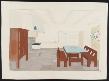 Maurice Coz ; René Coz ; Jacques Barré ; Lucien Lepelletier dessin Intérieur de la ferme côté cuisine 1942 1943.7.8  Photo