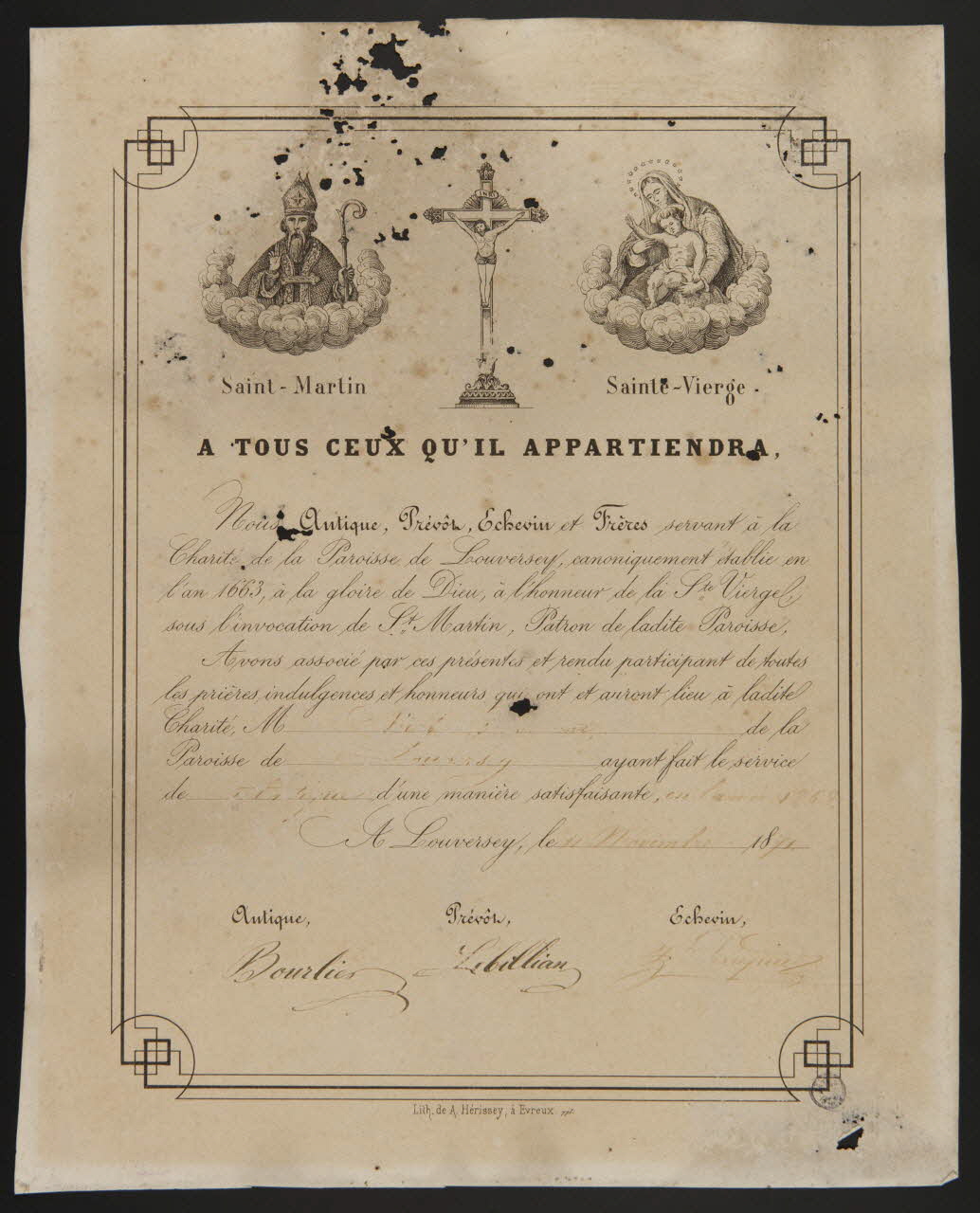 Hérissey A. brevet A TOUS CEUX QU'IL APPARTIENDRA Evreux 1871 1944.1.2 Photo