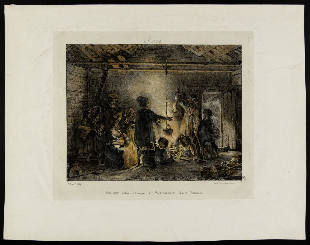 Nicolas T. Charlet ; Godefroy Engelmann illustration Intérieur d'une baraque de Charbonniers Francs-Comtois. 1829 1944.2.130 Photo