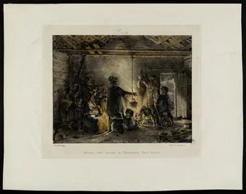 Nicolas T. Charlet ; Godefroy Engelmann illustration Intérieur d'une baraque de Charbonniers Francs-Comtois. 1829 1944.2.130 Photo