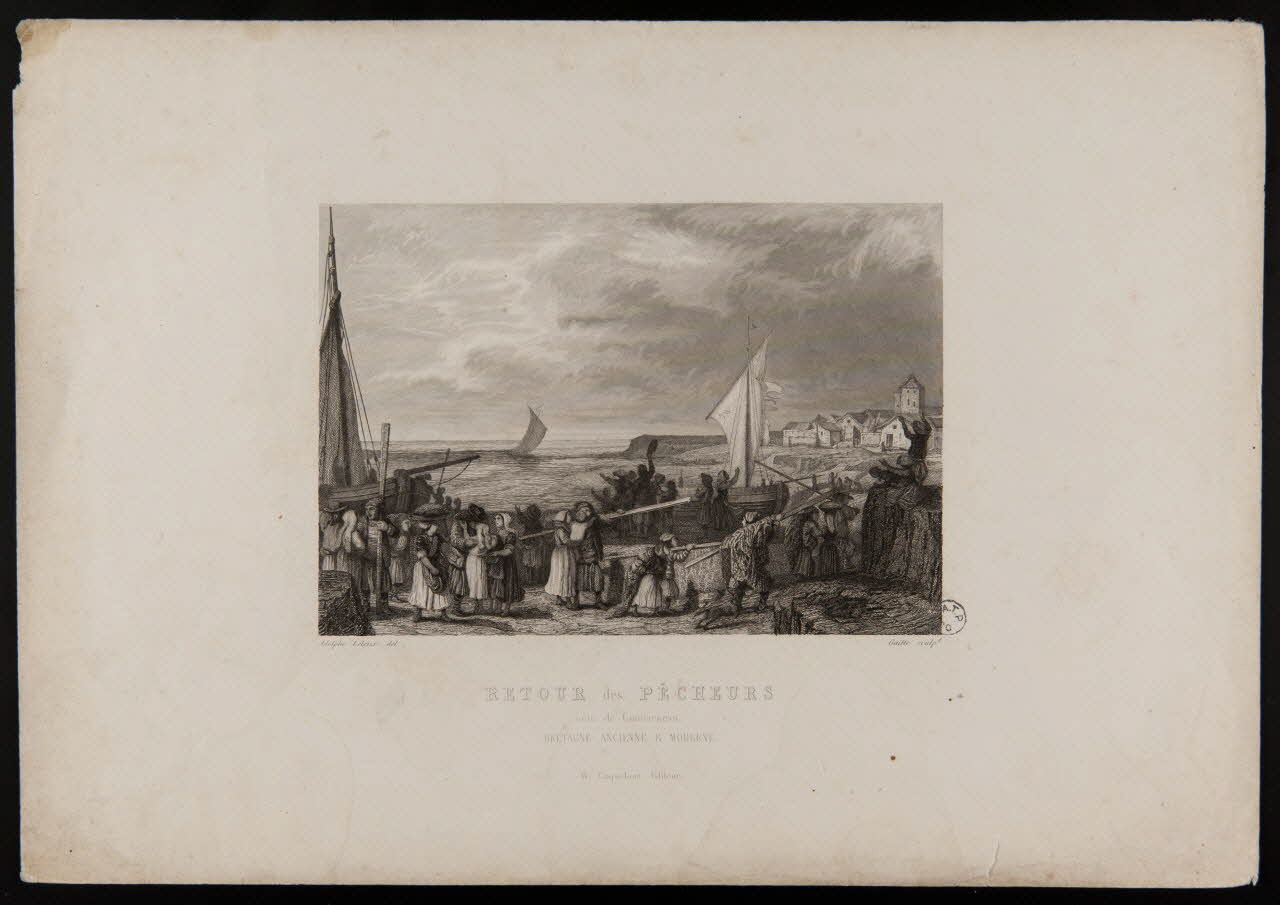 Gaitte Antoine Joseph ; Leleux Adolphe Pierre ; Coquebert W. estampe RETOUR des PÊCHEURS  côte de Concarneau.  BRETAGNE ANCIENNE & MODERNE. 1844 1944.2.154 Photo