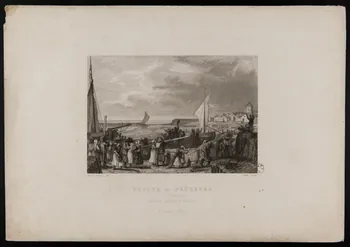 Gaitte Antoine Joseph ; Leleux Adolphe Pierre ; Coquebert W. estampe RETOUR des PÊCHEURS  côte de Concarneau.  BRETAGNE ANCIENNE & MODERNE. 1844 1944.2.154 Photo