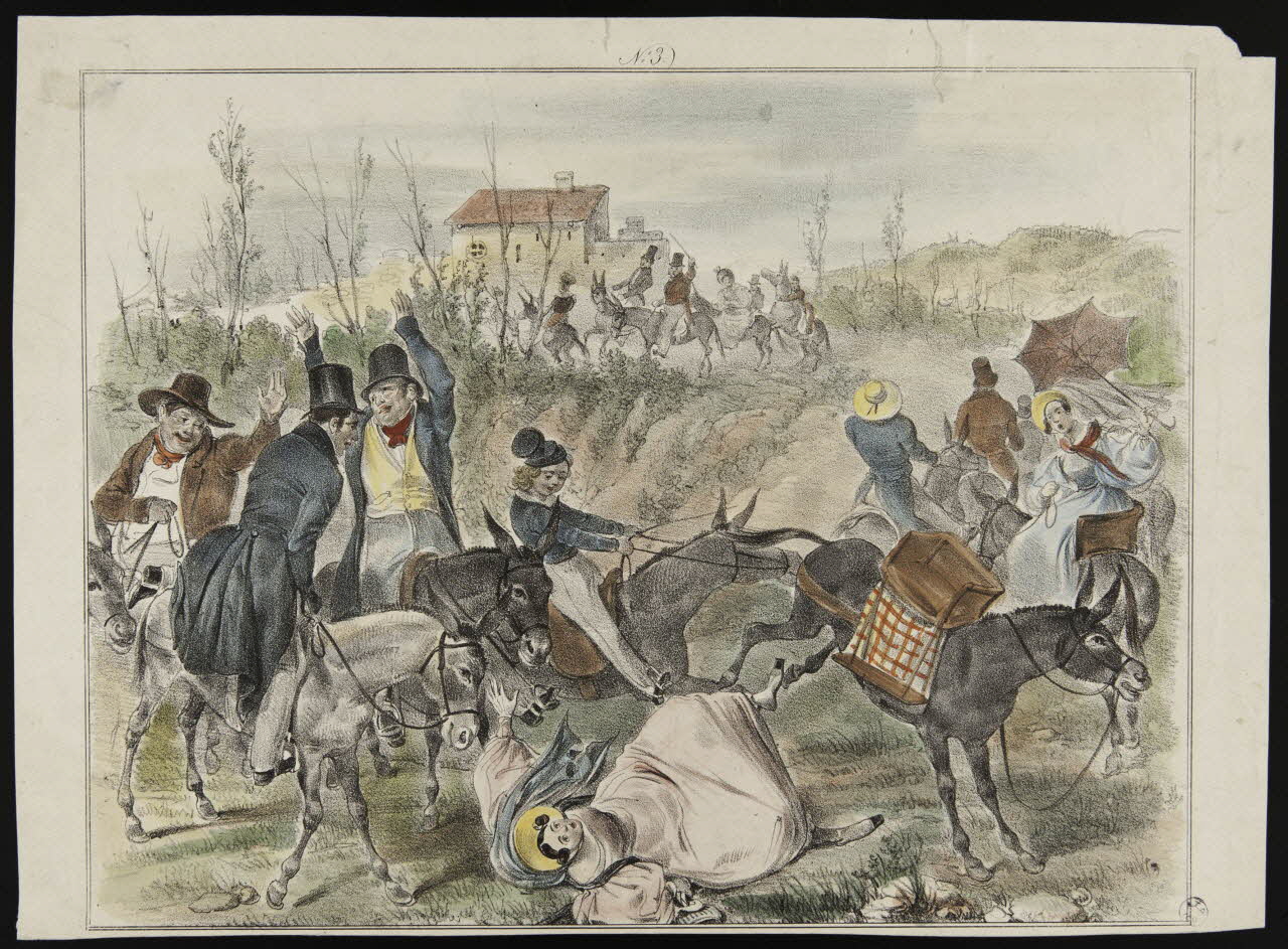 estampe Ruade d'un mulet qui provoque la chute de sa cavalière 1840-1850 1944.2.165 Photo