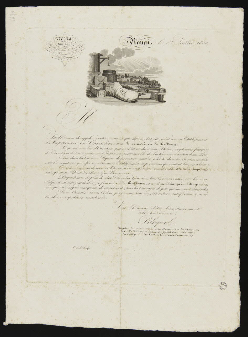 Enault ; Simon-François Blocquel papier de commerce Lettre publicitaire pour l'imprimerie Bloquel Rouen 1830 1944.2.237 Photo
