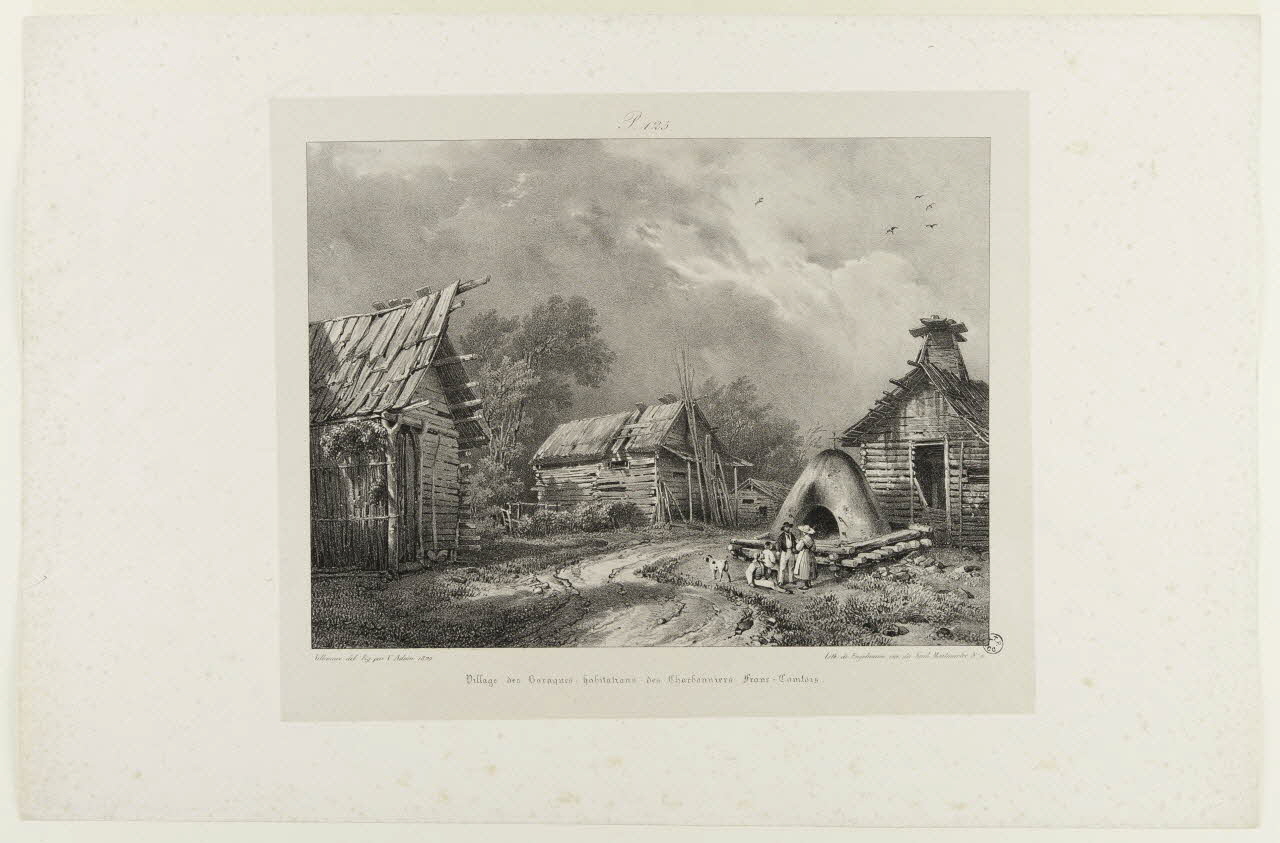 Louis Jules Frédéric Villeneuve ; Victor Adam ; Godefroy Engelmann estampe Village des Baraques. habitations des Charbonniers Franc-Comtois. Paris 1829 1944.21.4 Photo