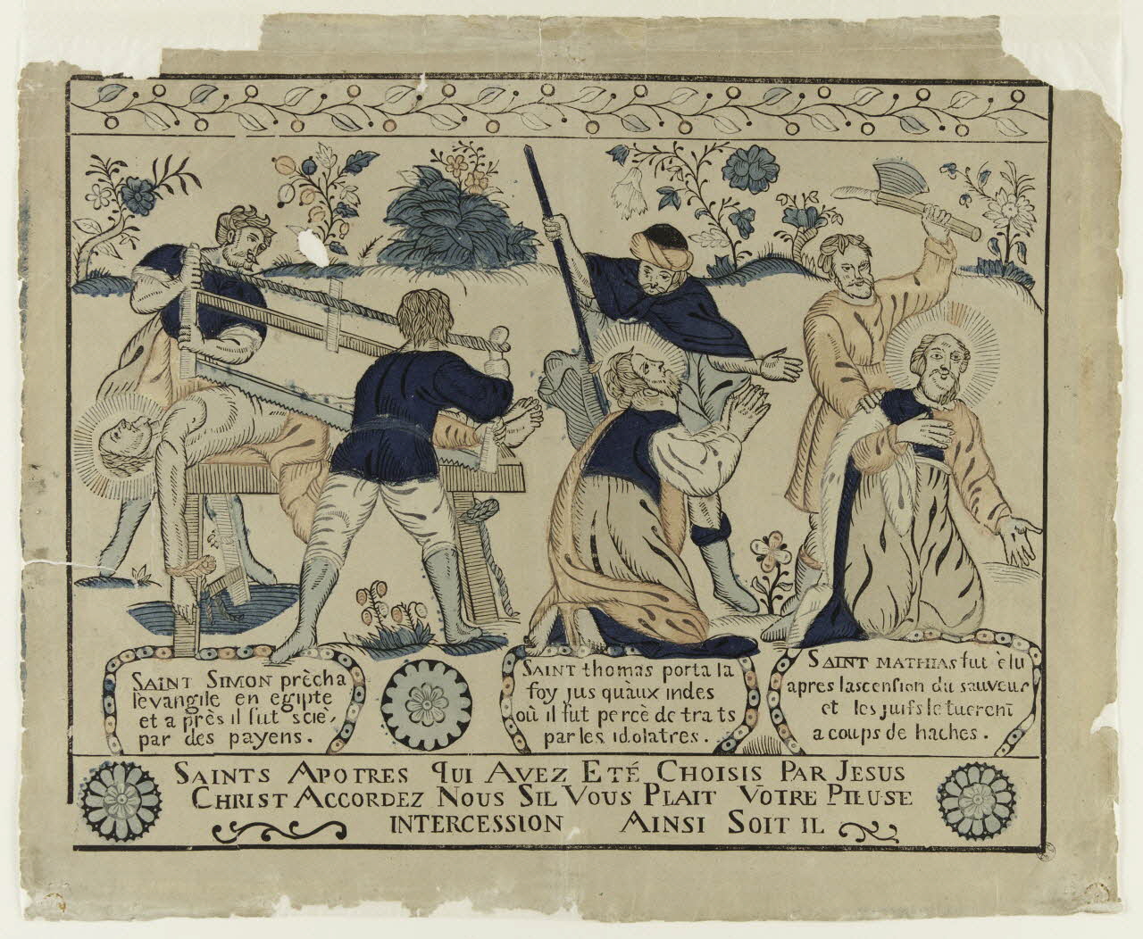 Le Blond Jean ; Guillaume Allabre ; Pierre Leloup imagerie ancienne Le jardin spirituel du martyre des apôtres France 1773-1836 1944.3.6 Photo