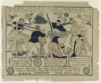 Le Blond Jean ; Guillaume Allabre ; Pierre Leloup imagerie ancienne Le jardin spirituel du martyre des apôtres France 1773-1836 1944.3.6 Photo