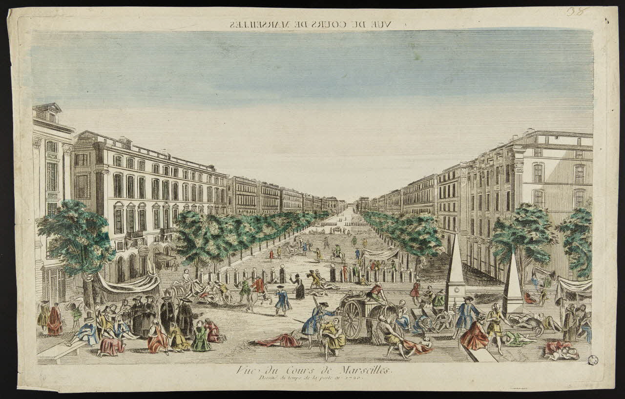 imagerie ancienne Vue du Cours de Marseilles  Dessiné du temps de la peste en 1720 1945.10.2 Photo