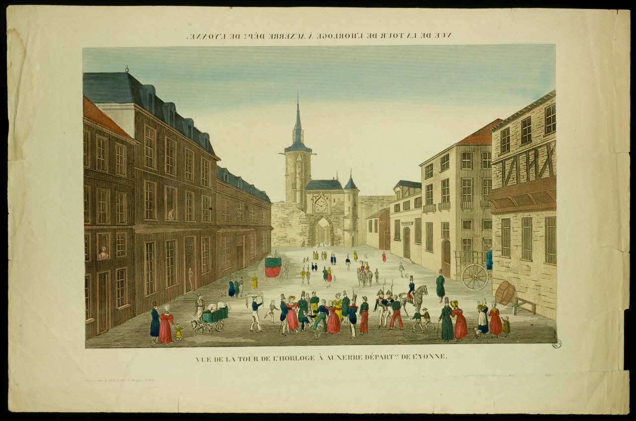 Basset. Paris ; Dembour Adrien (graveur, imprimeur, libraire, édite vue d'optique VUE DE LA TOUR DE L'HORLOGE A AUXERRE DEPARTNT. DE L'YONNE. Paris 1840-1852 1945.10.4 Photo