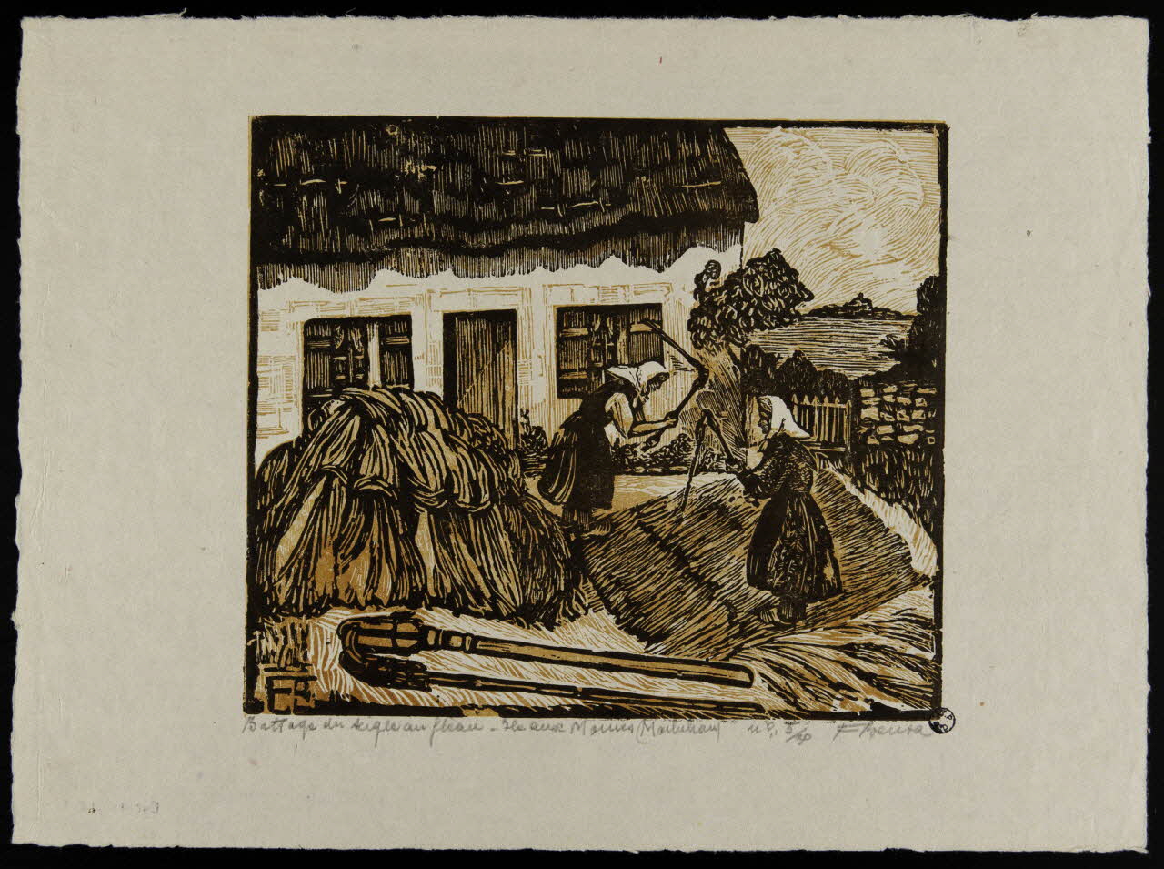 estampe Battage du seigle au fléau. Ile aux Moines (Morbihan) 1945.12.1 Photo