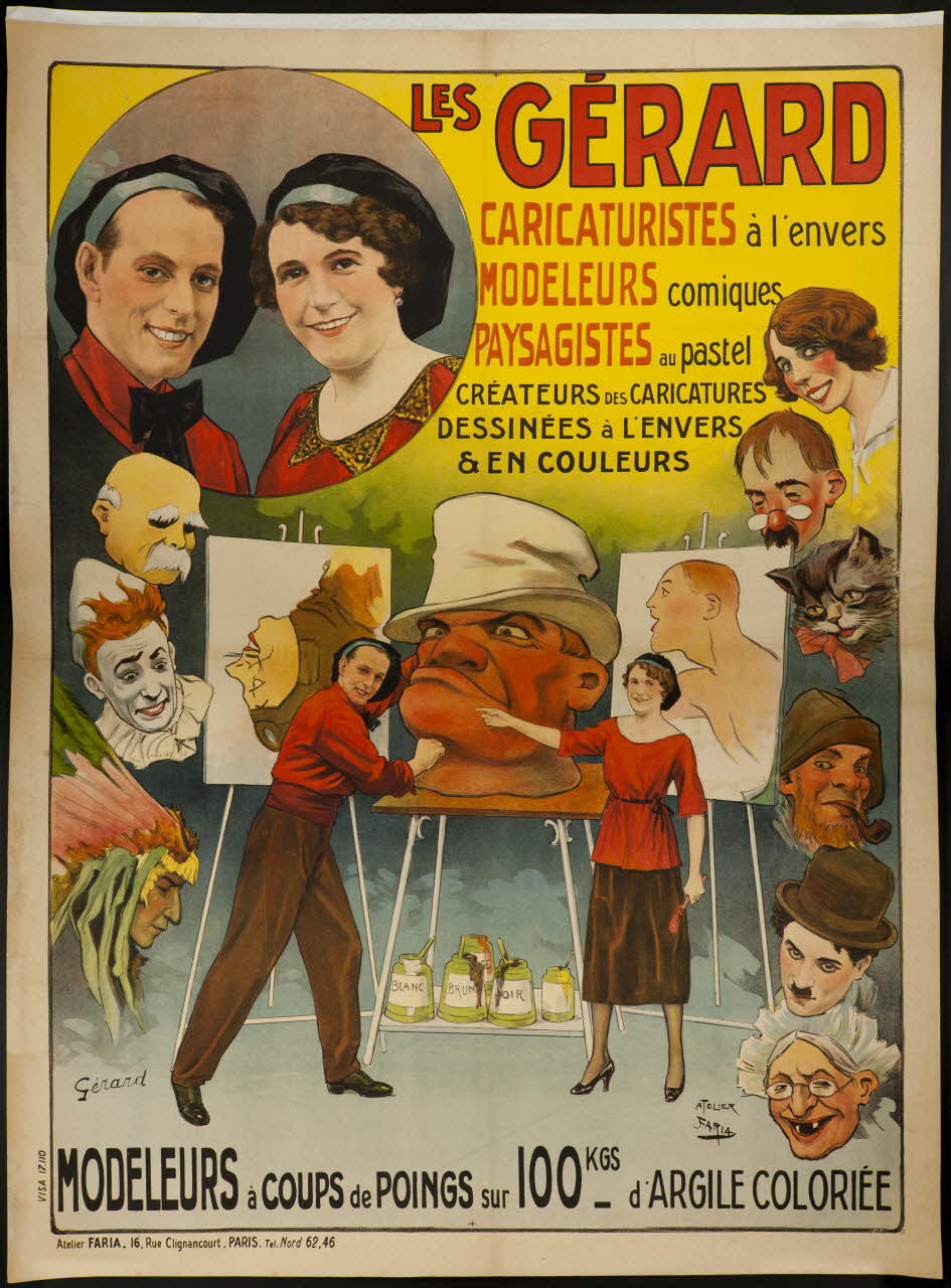 Gérard ; Faria affiche LES GÉRARD  CARICATURISTES à l'envers  MODELEURS comiques  PAYSAGISTES au pastel  MODELEURS à COUPS de POINGS sur 100 KGS - d'ARGILE COLORIÉE 1945 1945.28.1 Photo