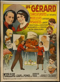 Gérard ; Faria affiche LES GÉRARD  CARICATURISTES à l'envers  MODELEURS comiques  PAYSAGISTES au pastel  MODELEURS à COUPS de POINGS sur 100 KGS - d'ARGILE COLORIÉE 1945 1945.28.1 Photo
