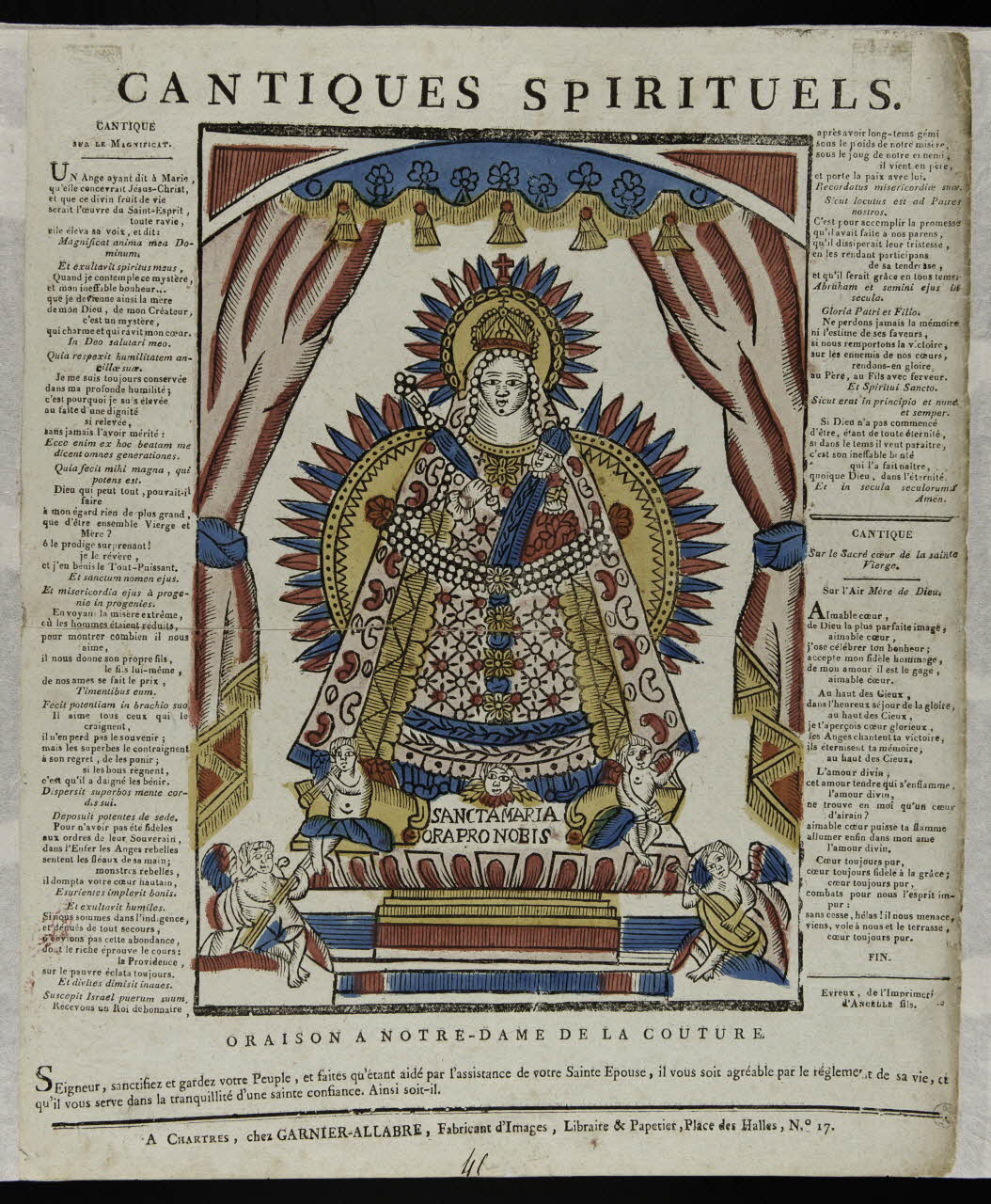 Jacques-Pierre Garnier-Allabre ; Jean-Jacques Ancelle imagerie ancienne CANTIQUES SPIRITUELS.  ORAISON A NOTRE-DAME DE LA COUTURE. Chartres 1815-1823 1948.18.111 Photo