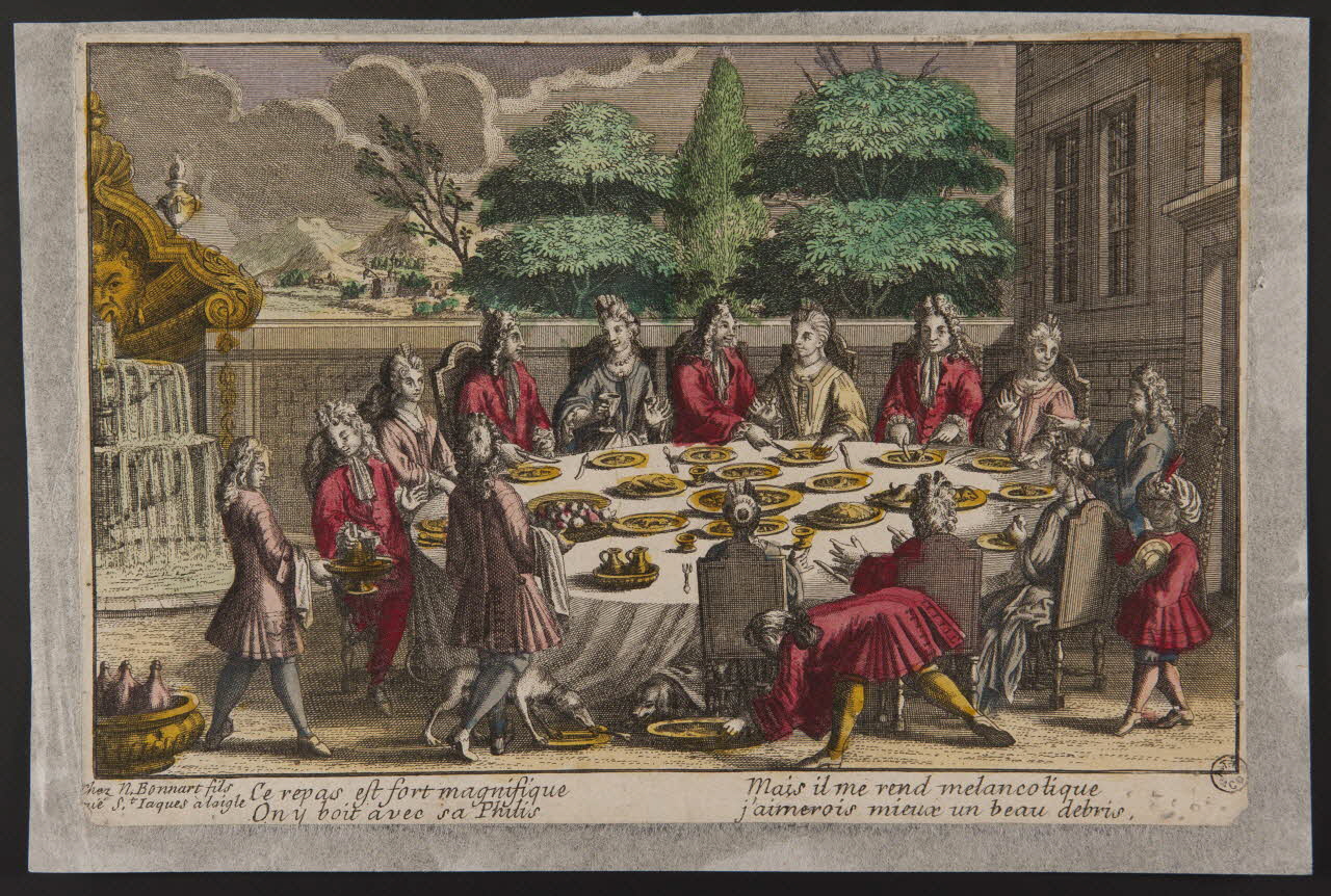 estampe Ce repas est fort magnifique  On y boit avec sa Philis  Mais il me rend mélancolique  j'aimerais mieux un beau debris. Basse-Normandie, France 1670-1718 1948.18.69 Photo