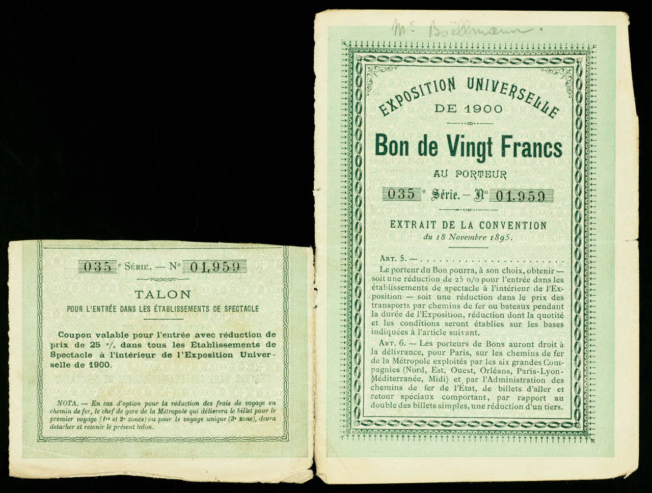 estampe EXPOSITION UNIVERSELLE  DE 1900  Bon de Vingt Francs 1948.34.2.1 Photo