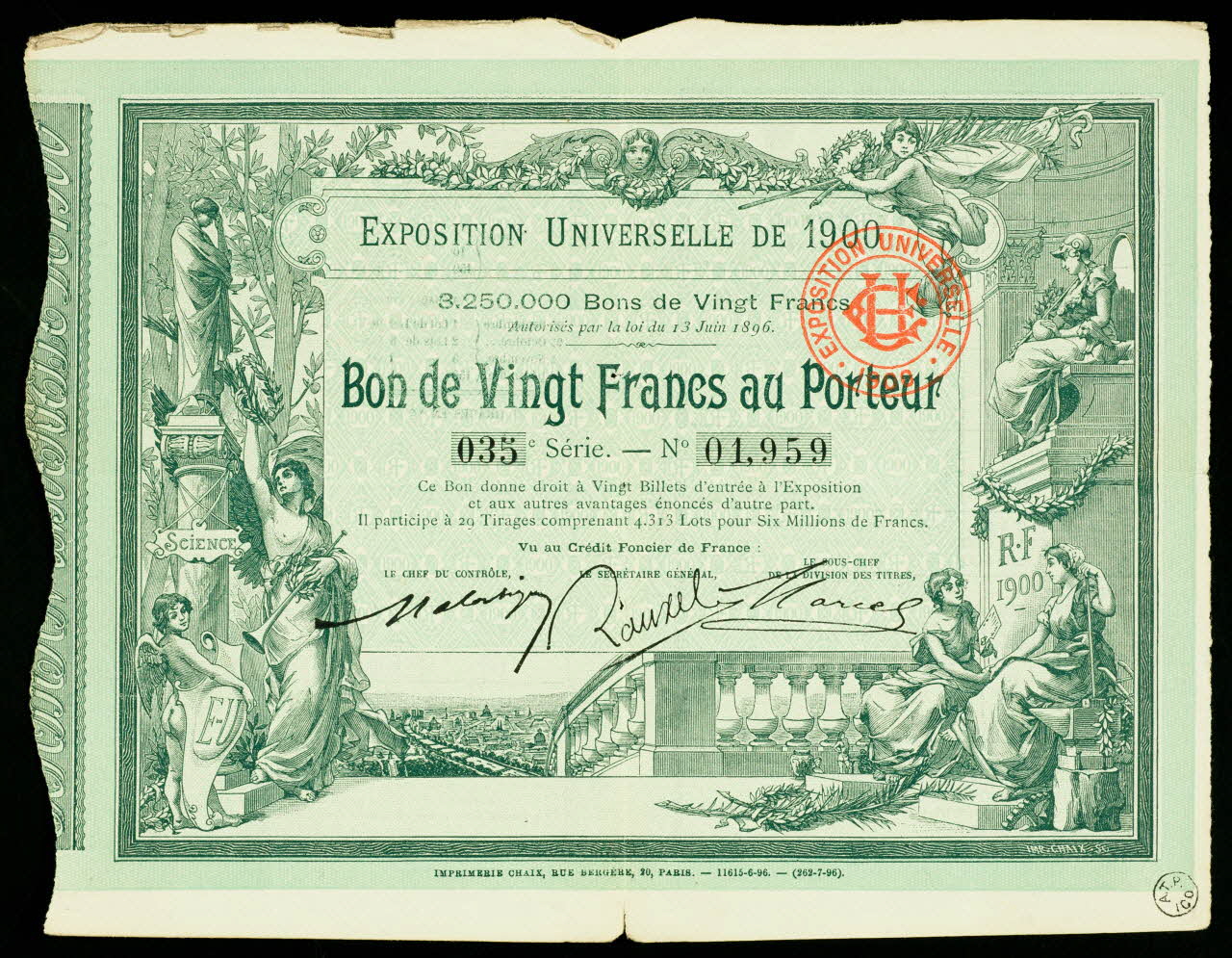 estampe EXPOSITION UNIVERSELLE DE 1900  Bon de Vingt Francs au Porteur 1948.34.2.2 Photo