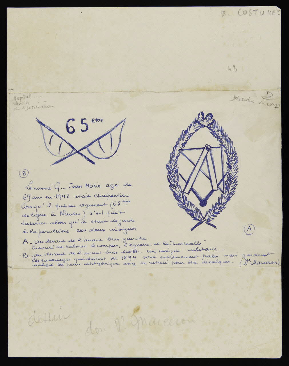 Lucien Marceron Dr. dessin Tatouage - charpentier 65eme (régiment à Nantes) - 1894 1943 1948.56.2 Photo