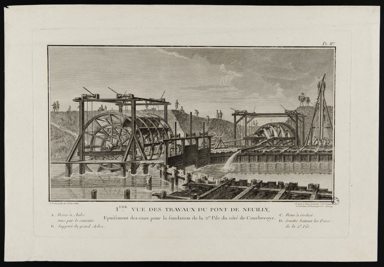 estampe IERE VUE DES TRAVAUX DU PONT DE NEUILLY,  Epuisement des eaux pour la fondation de la 2e Pile du côté de Courbevoye. 1949.31.130 Photo