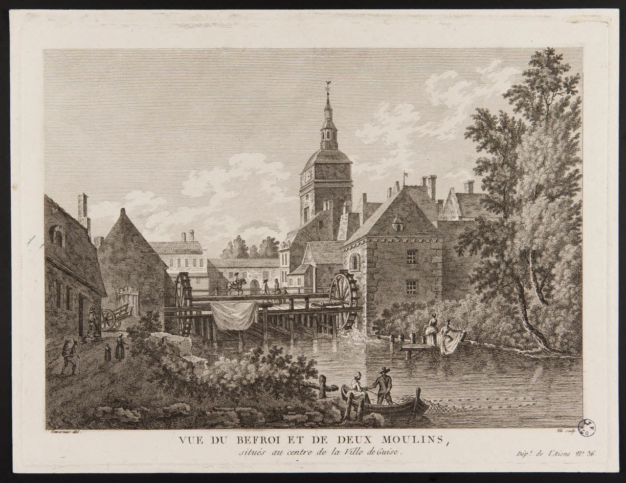 Tavernier ; Née estampe VUE DU BEFFROI ET DE DEUX MOULINS,  situés au centre de la ville de Guise. 1837 1949.31.170 Photo