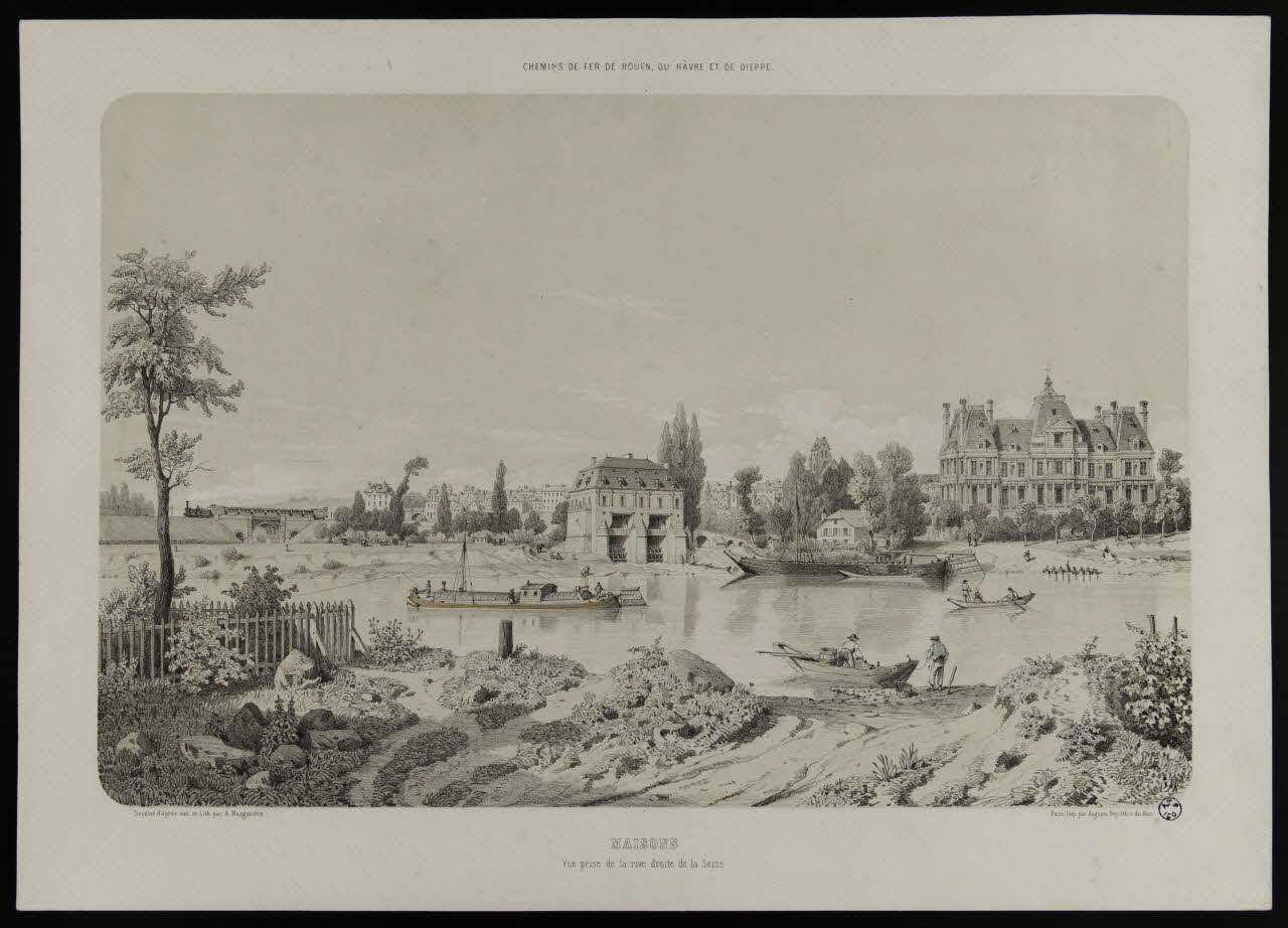 Maugendre Adolphe ; Auguste Bry estampe CHEMINS DE FER DE ROUEN, DU HAVRE ET DE DIEPPE.  MAISONS  Vue prise de la rive droite de la Seine. 1895 1949.31.183 Photo