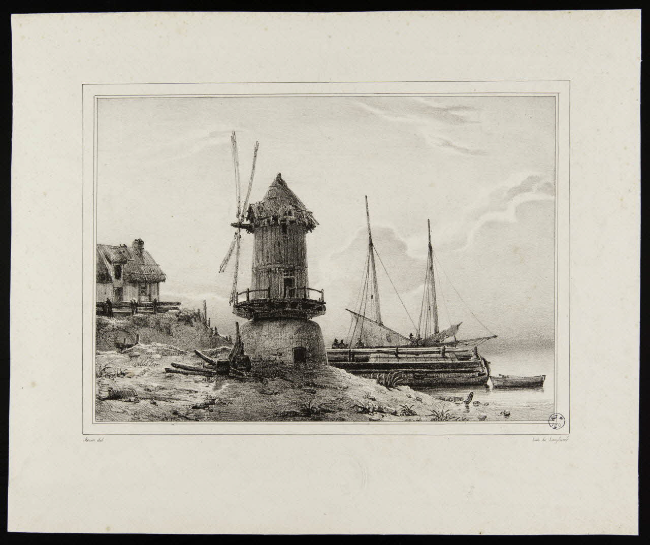 Mozin Charles Louis ; Langlumé J. estampe Moulin à vent au bord de l'eau 1862 1949.31.241 Photo